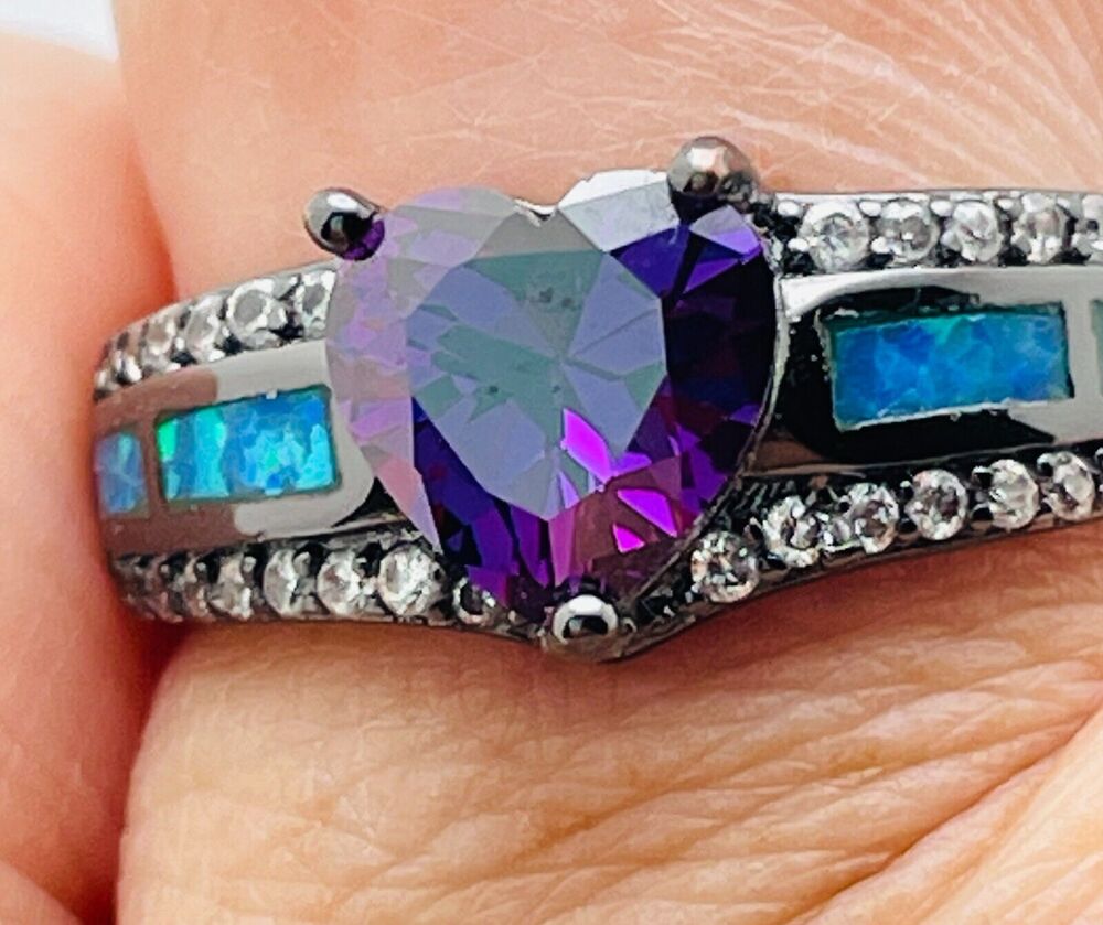 Mystic Heart Amethyst CZ Ring Opal Women Black Japanned Finish Size 8.5 Promise